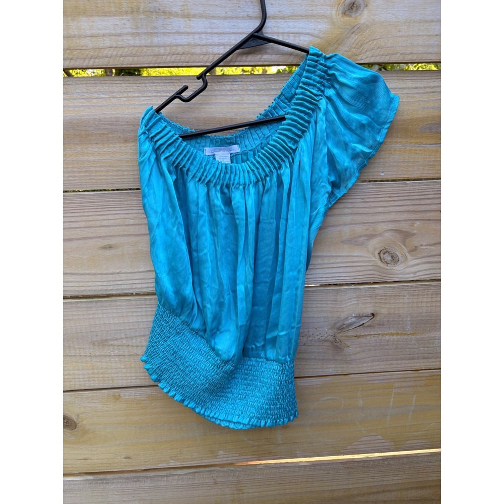 Charlotte Russe Womens One Shoulder Smocked Blouse Turquoise Blue Pleated Top M
